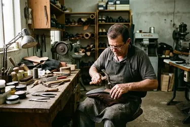 Sapateiro reformando um sapato social em Apucarana.