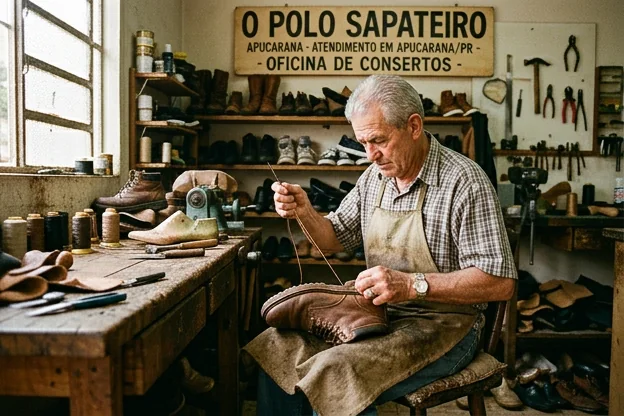 Sapateiro em Apucarana consertando calçados com dedicação.