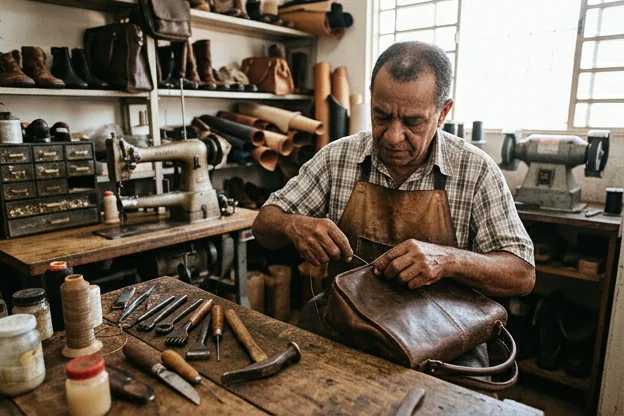 Sapateiro reformando uma bolsa de couro em Apucarana.