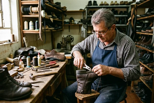 Sapateiro consertando o zíper de uma bota em Apucarana.