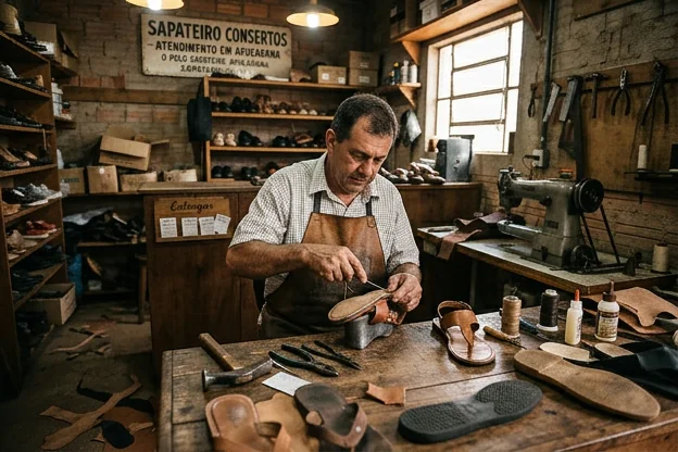 Sapateiro consertando sandálias em Apucarana.